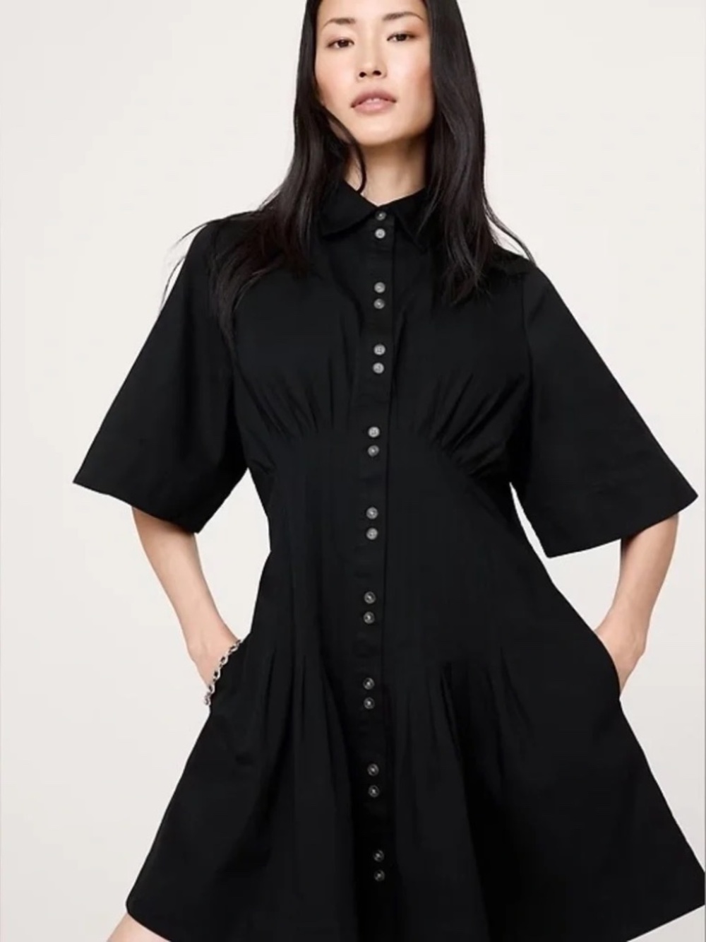 NWT Banana Republic Stretch Cotton Poplin Pintuck Shirt Dress // Black